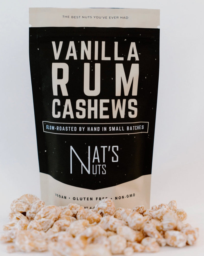 Packaging of Vanilla Rum Cashews from Nat's Nuts on a white background