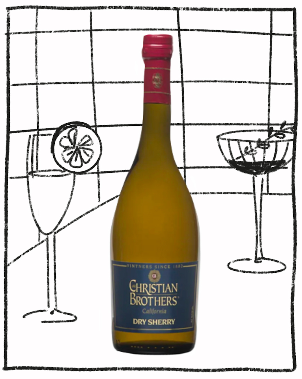 Bottle of Christian Brothers Dry Sherry with a decorative background featuring wine glasses.