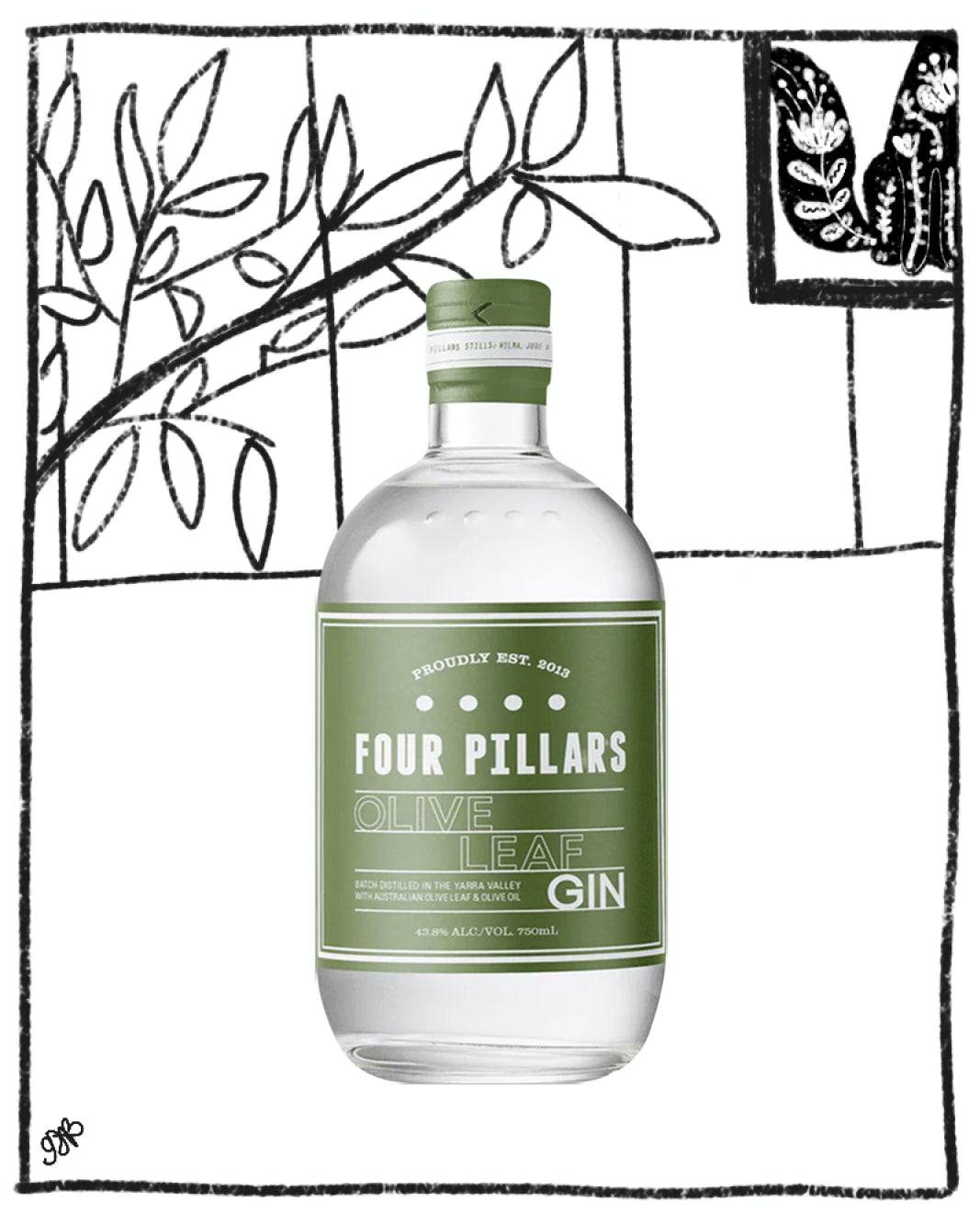 Four Pillars Olive Leaf Gin bottle with a green label on a white background