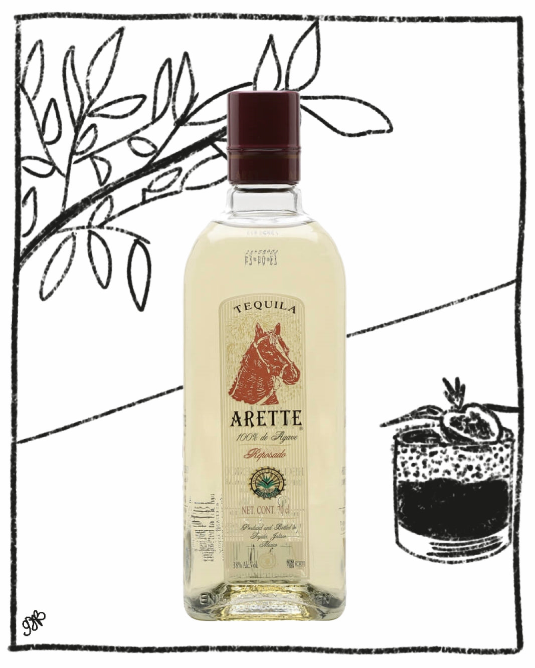Arette tequila bottle with a black and white illustration of a cocktail and leaves on a white background