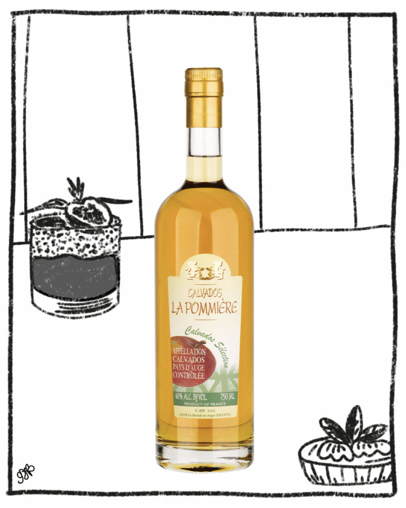 Bottle of Calvados La Pommerère with a black and white illustration in the background