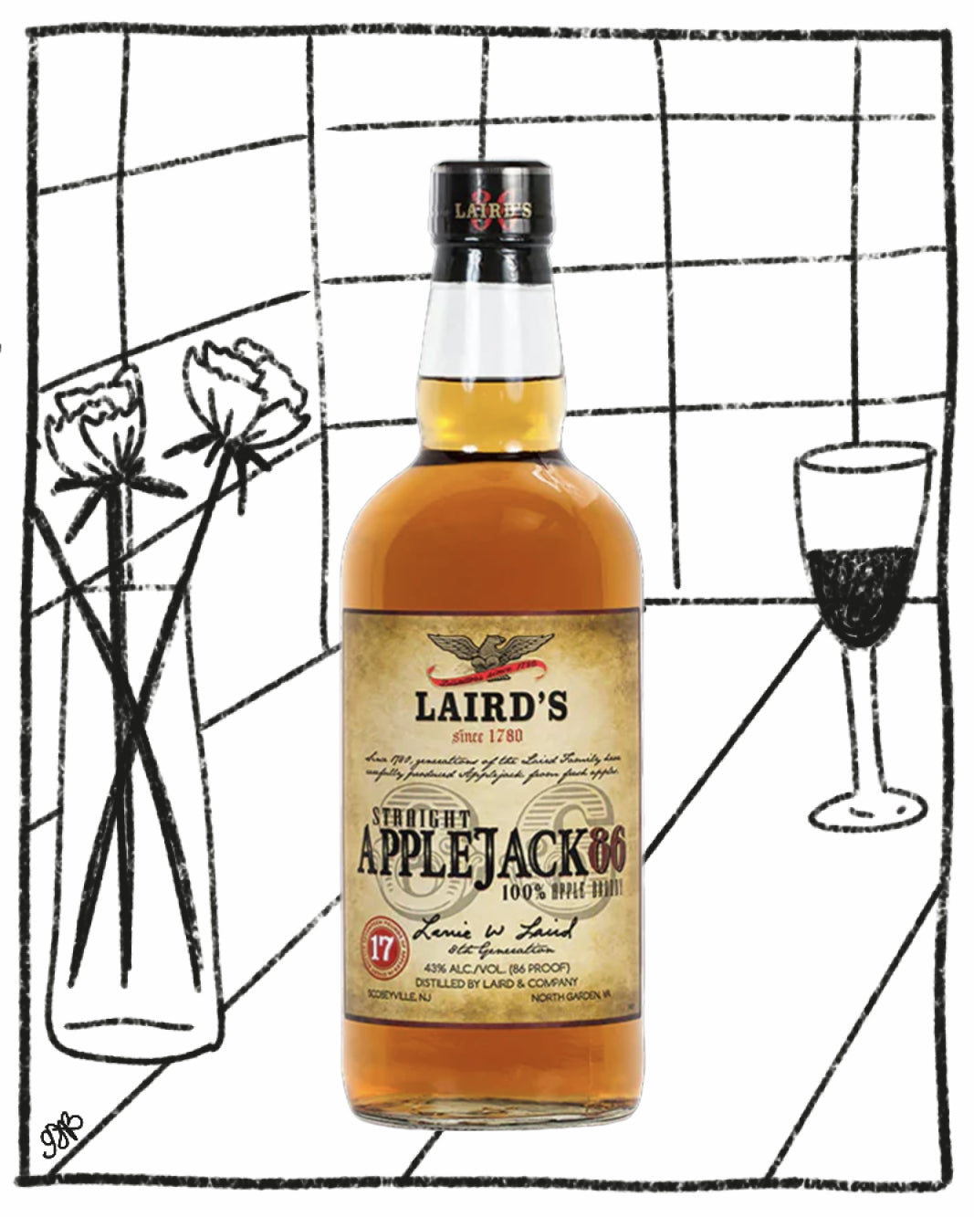 Bottle of Laird's Applejack 100% Pure Apple brandy with a decorative background.