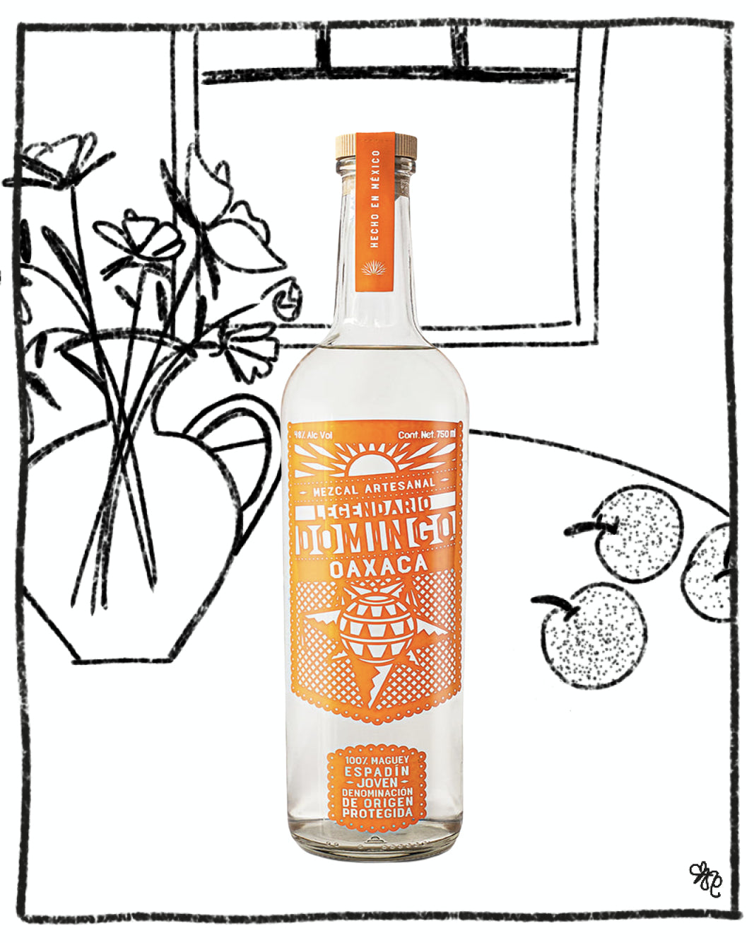 Bottle of Doménico Oaxaca tequila with decorative elements on a white background