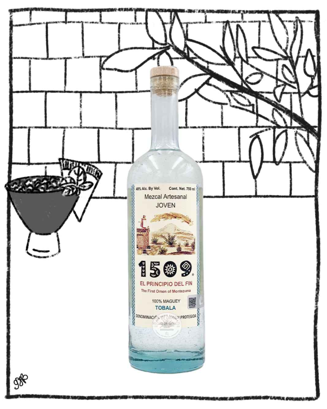 Bottle of Mezcal Artisanal Joven with a cocktail shaker and olives on a decorative background