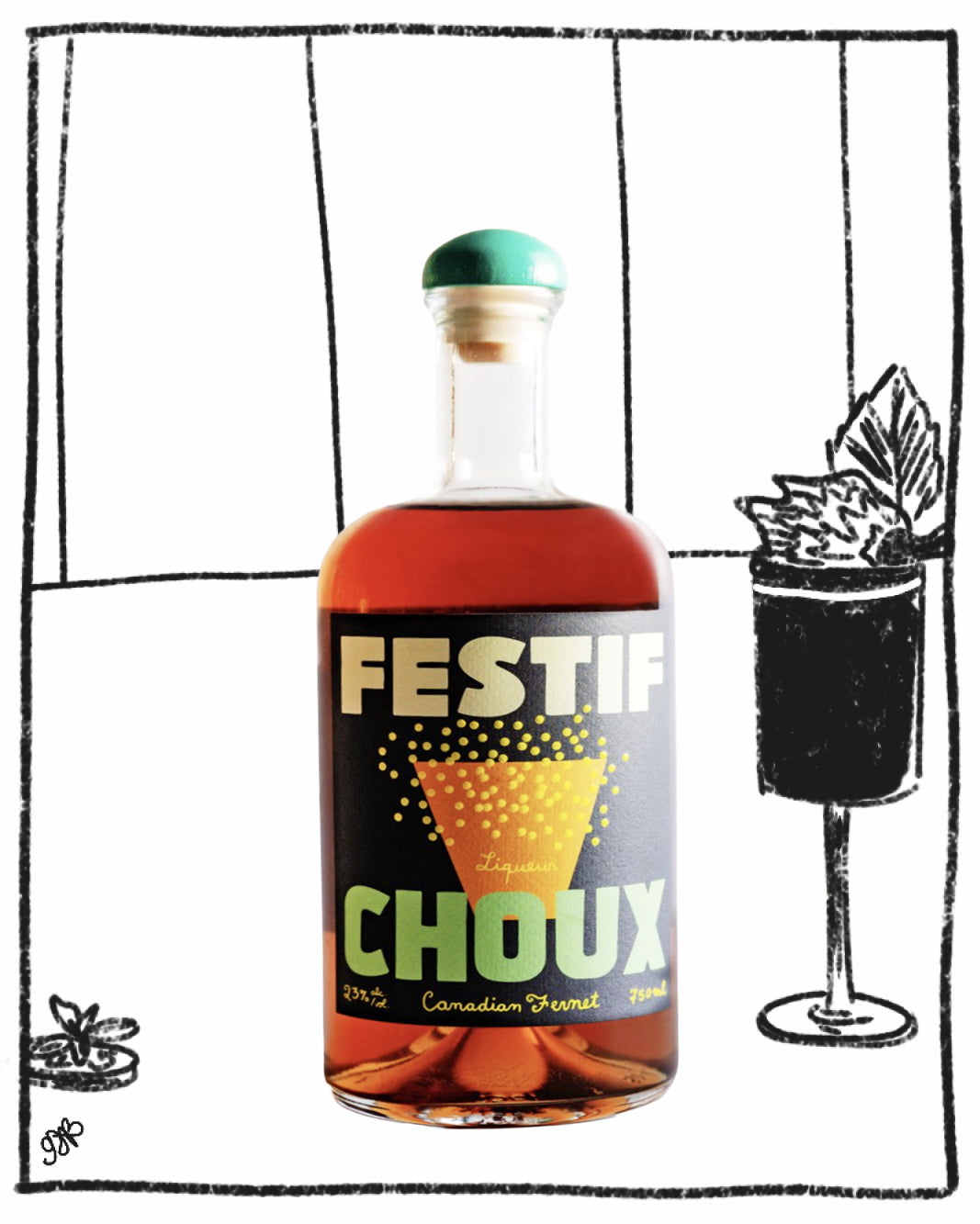 Bottle of Festif Choux with a cocktail illustration in the background