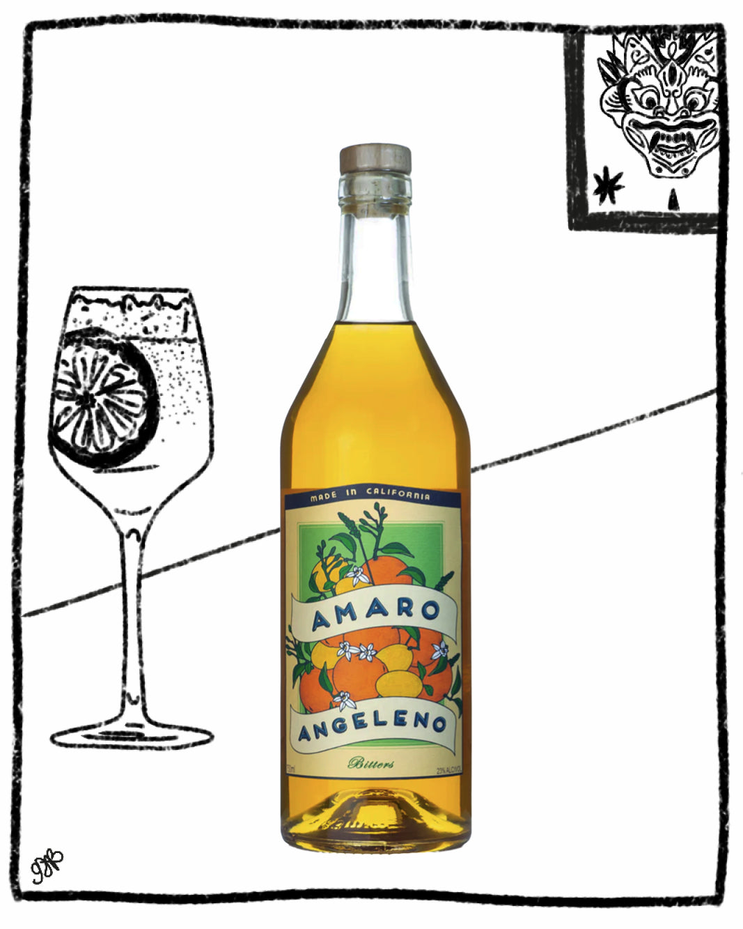 Bottle of Amaro Angeleno with a glass illustration on a white background