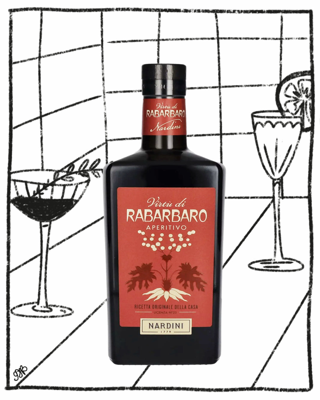 Bottle of Vittoria di Rabarbaro Aperitivo with a red label on a black and white illustrated background.