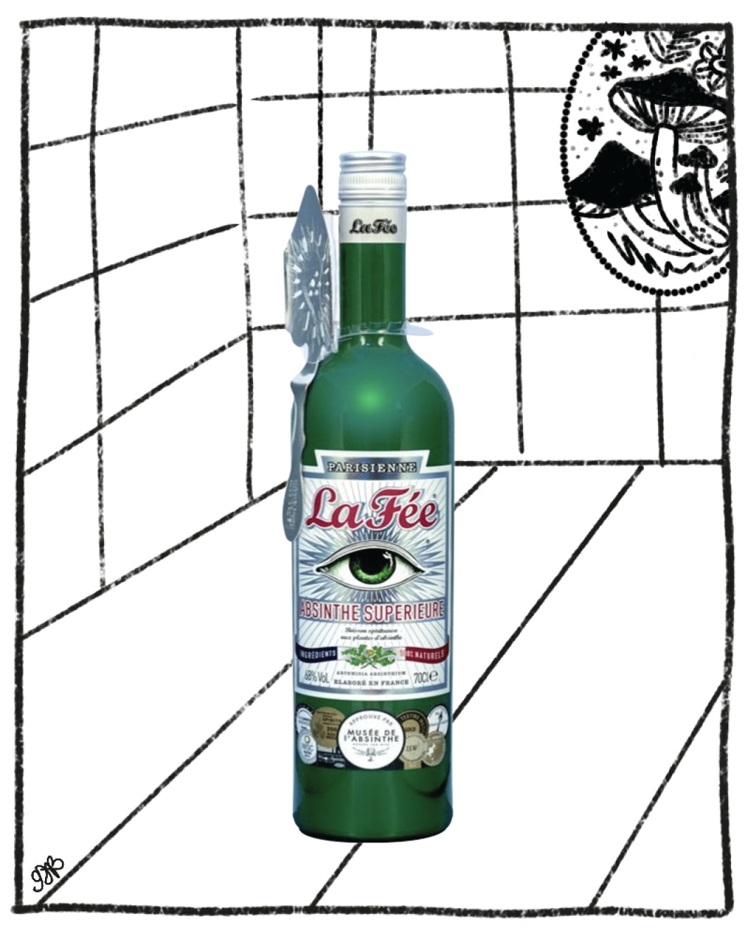 Green bottle with label 'La Fèe' on a black and white grid background