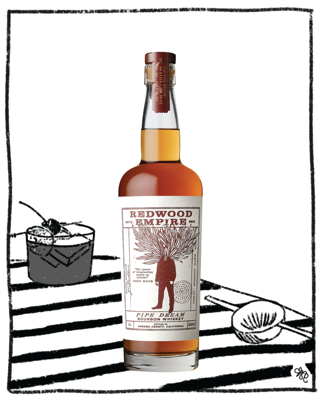 Bottle of Redwood Empire Pipe Dream Whiskey with a cocktail illustration on a white background