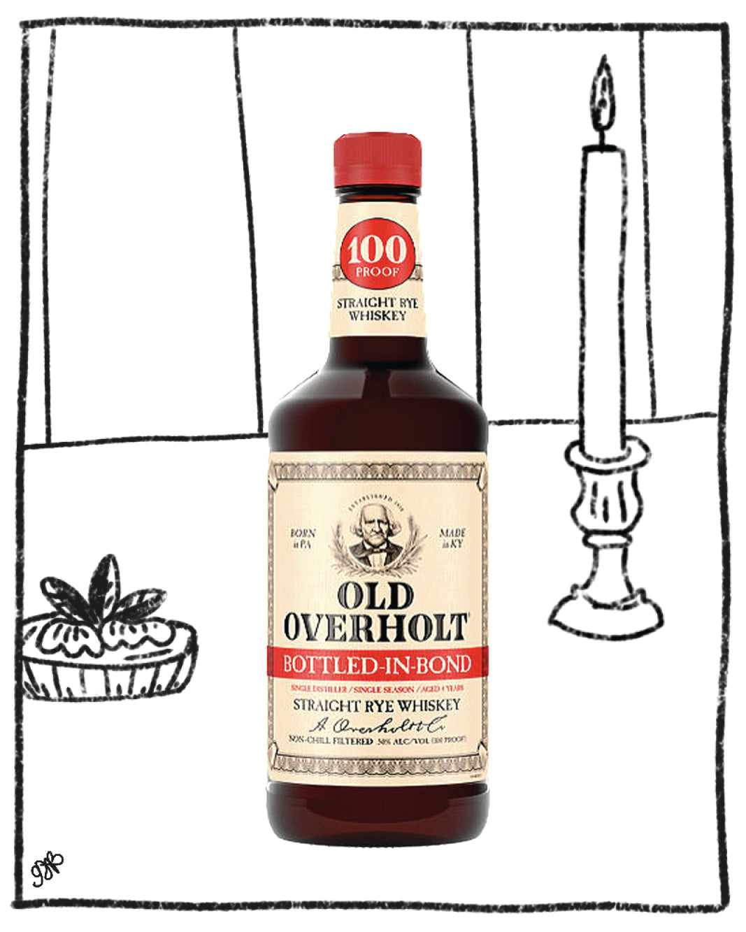 Old Overholt Bottled-in-Bond whiskey bottle with a candle and plant in the background