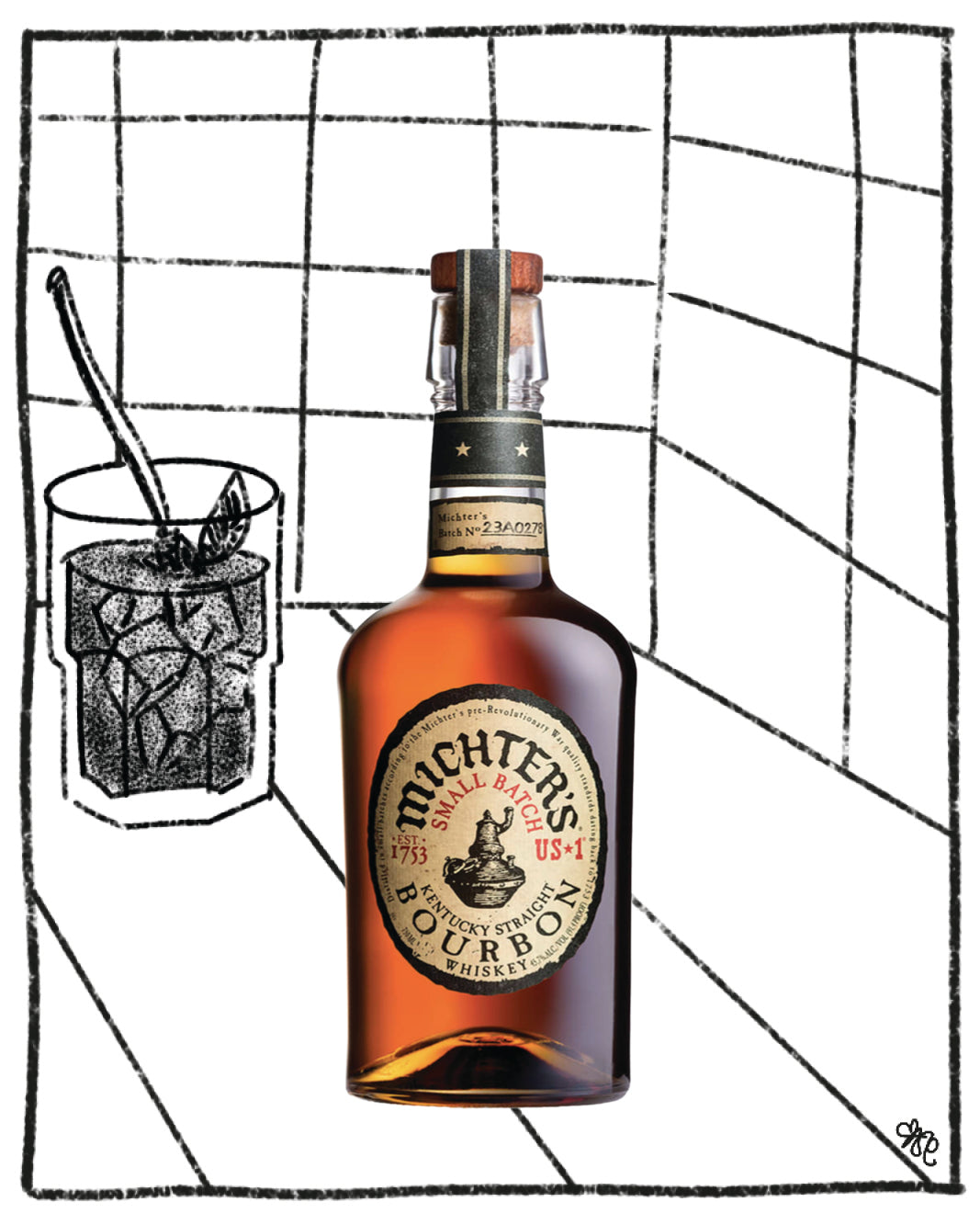 Bottle of Michter's bourbon whiskey with a glass of cocktail on a grid background
