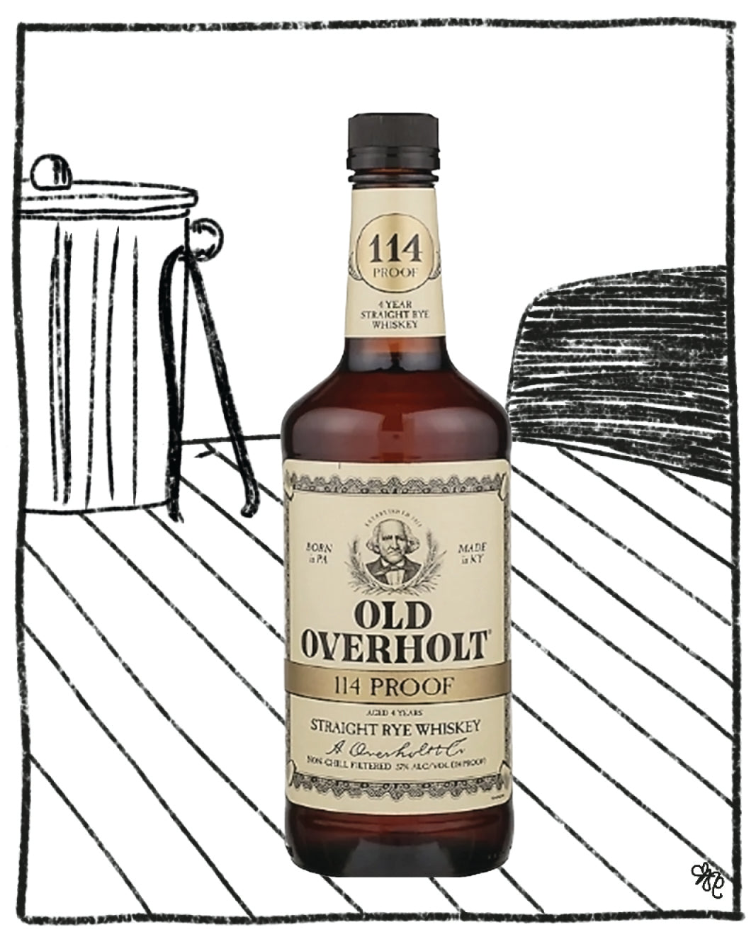 Old Overholt whiskey bottle on a white background with black line art