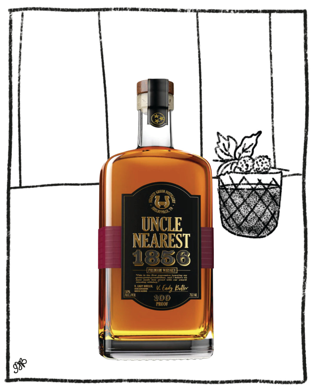 Bottle of Uncle Nearest 1898 bourbon with a decorative background