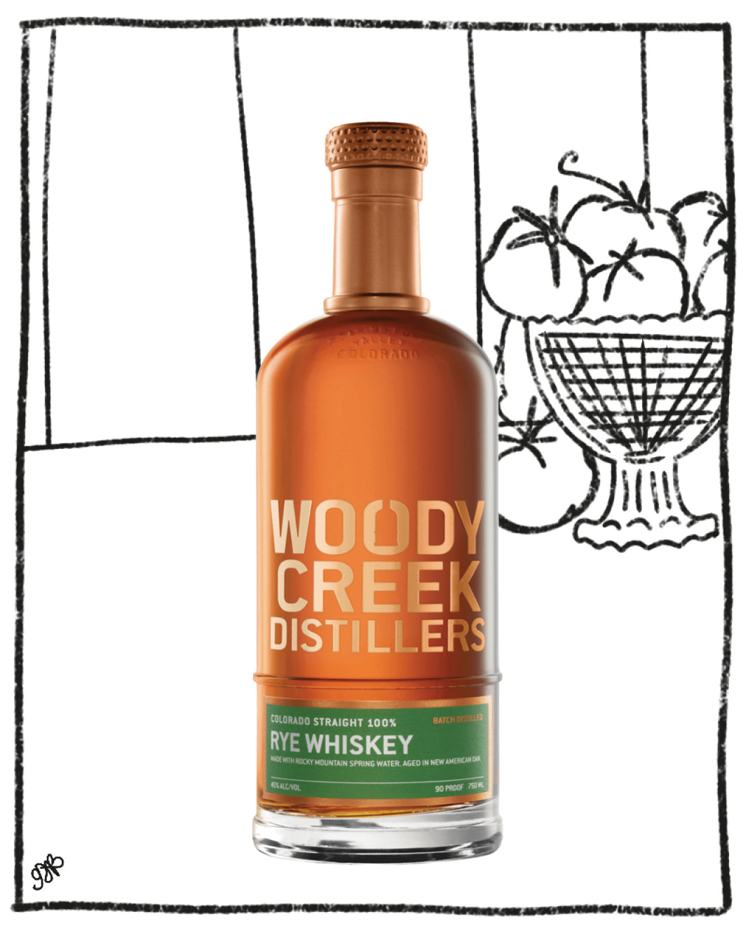 Woody Creek Distillers Rye Whiskey bottle with a decorative background