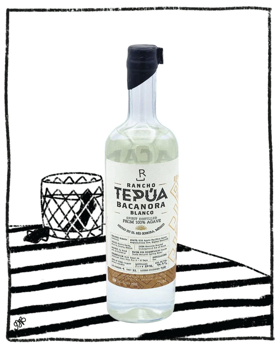 Bottle of Rancho Tepuá Bacanora on a black and white striped background