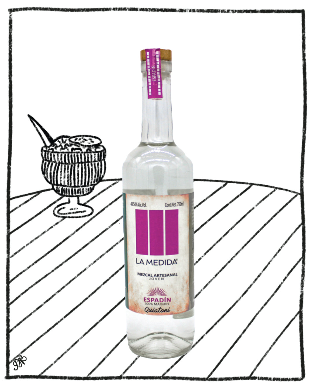 Bottle of La Medida Espadin mezcal with a drawing of a cocktail on a white background