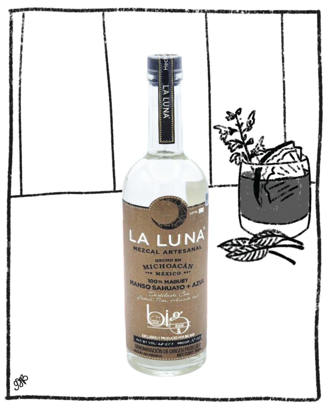 La Luna mezcal bottle with decorative elements on a white background