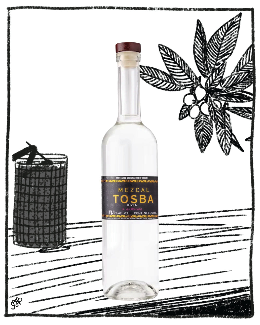 Bottle of Mezcal Tosba with a black and white illustration style background