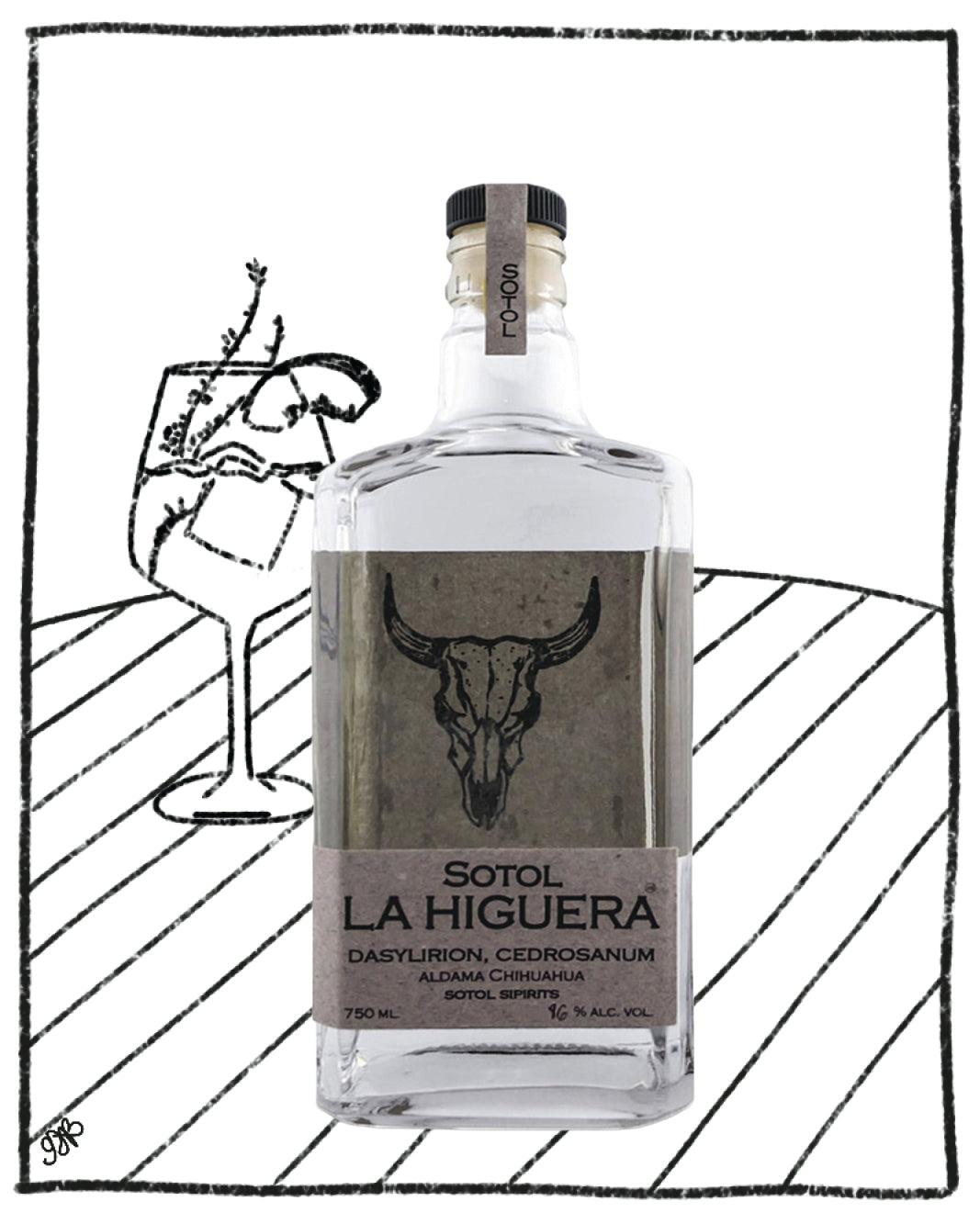 Sotol La Higuera bottle with a black and white illustration of a cocktail glass and skull.