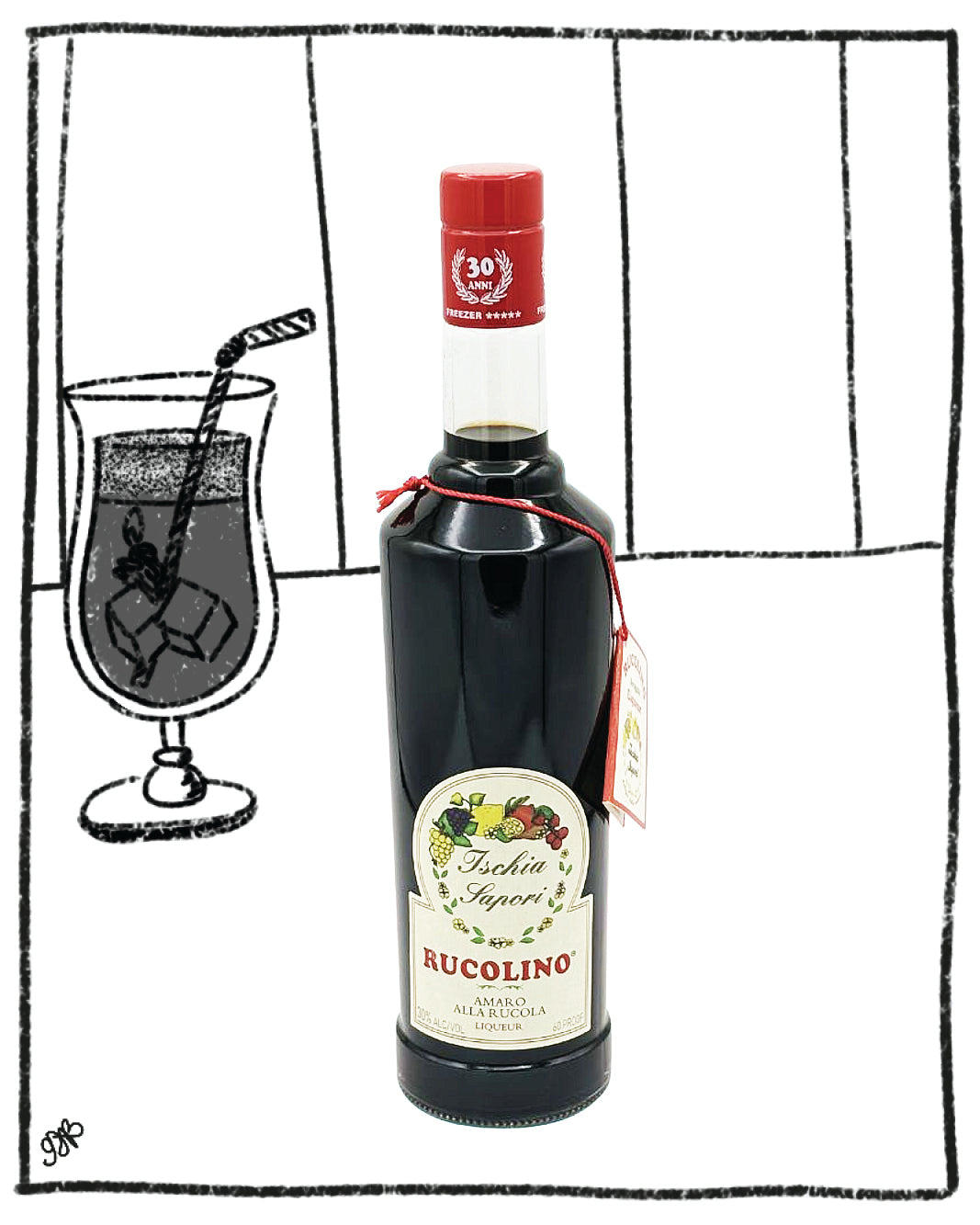 Bottle of Rucolino amaro with a glass of amaro on a white background