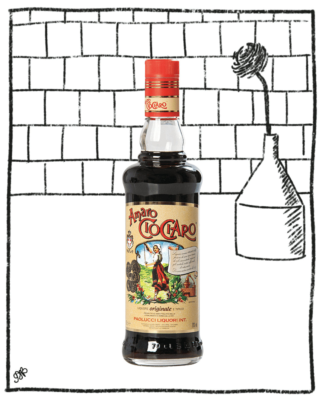 Bottle of Amaro Cioccaro against a tiled wall background