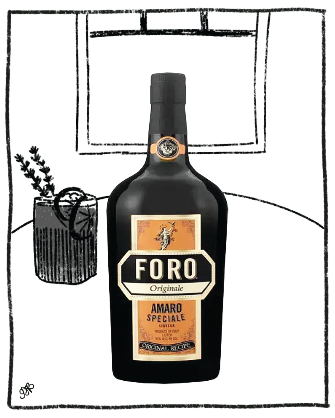 Black bottle of Foro Amaro Speciale with a decorative background