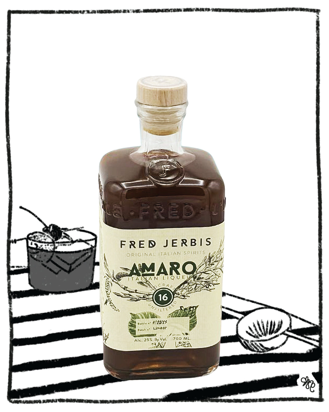 Bottle of Fred Jerbis Amaro on a white background