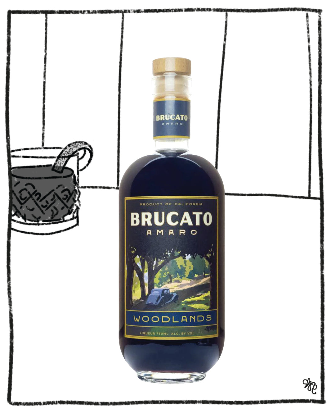 Brucato Amaro Woodlands bottle with a black and white illustration of a forest in the background