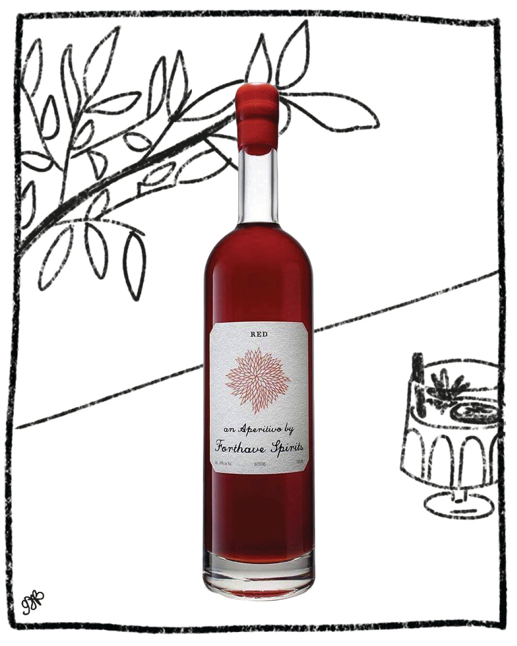 Bottle of red wine with a label on a white background