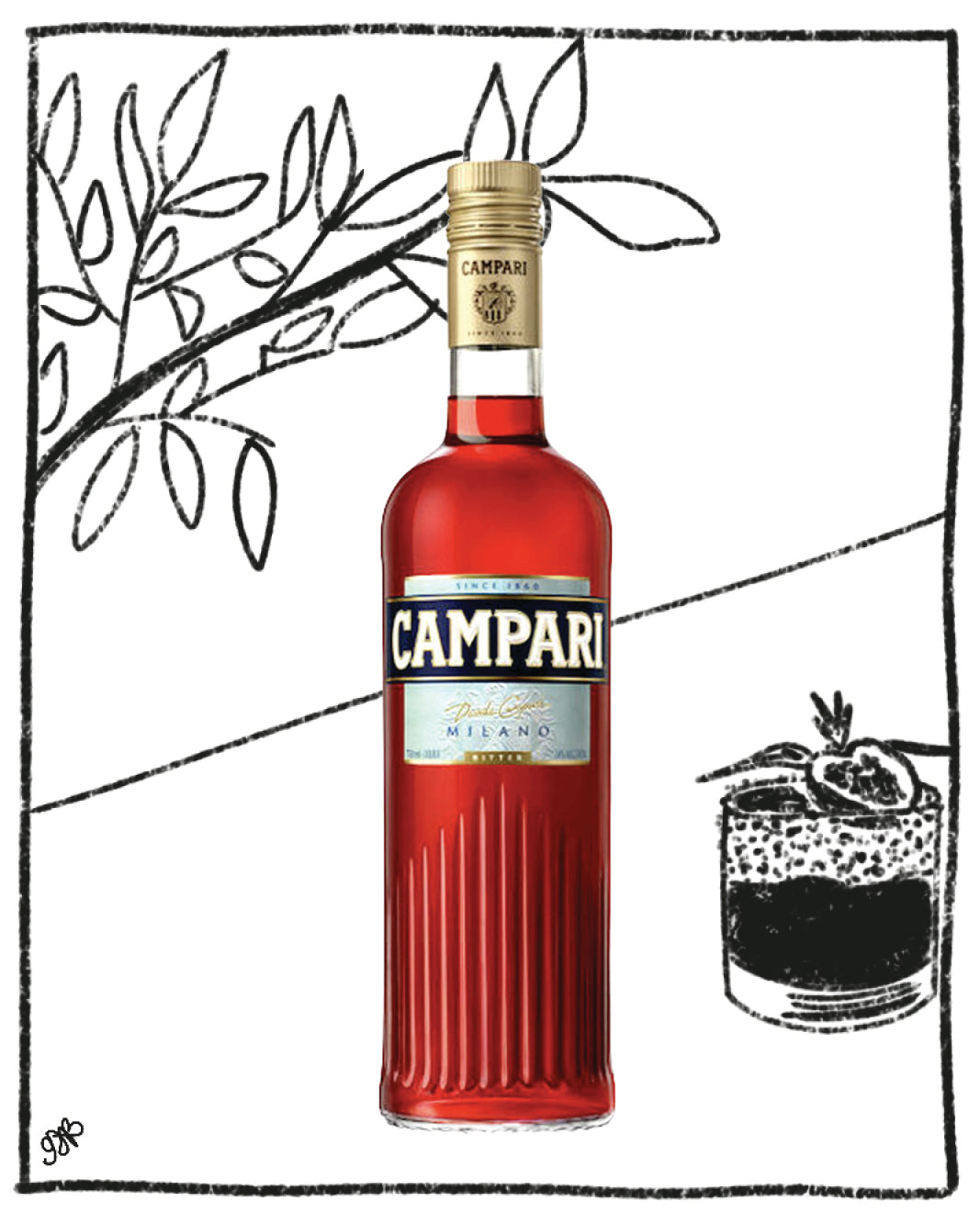 Campari bottle with a black and white illustration of an olive and cocktail in the background