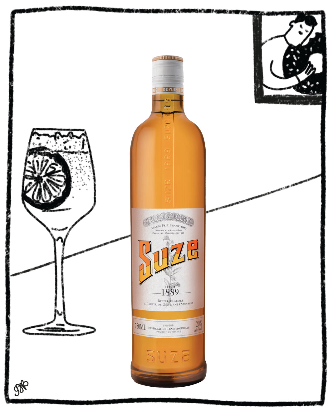 Bottle of Suze with a glass illustration on a white background