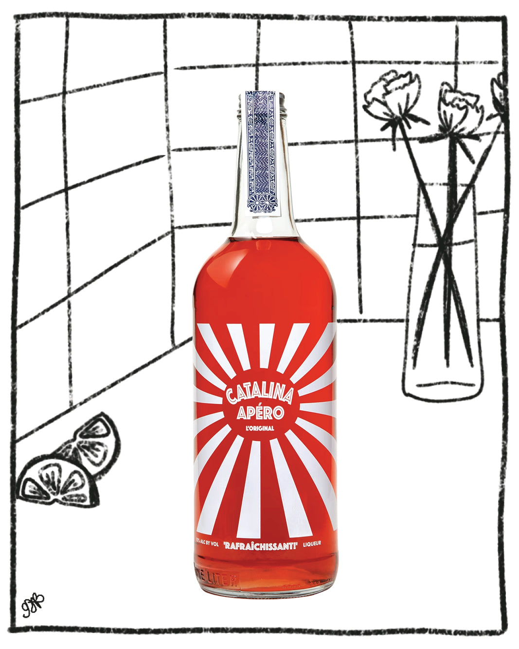 Red bottle with white label on a black and white grid background