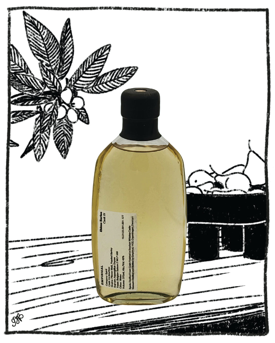 Yellow bottle with black cap on a white background with black line art of leaves and fruit.