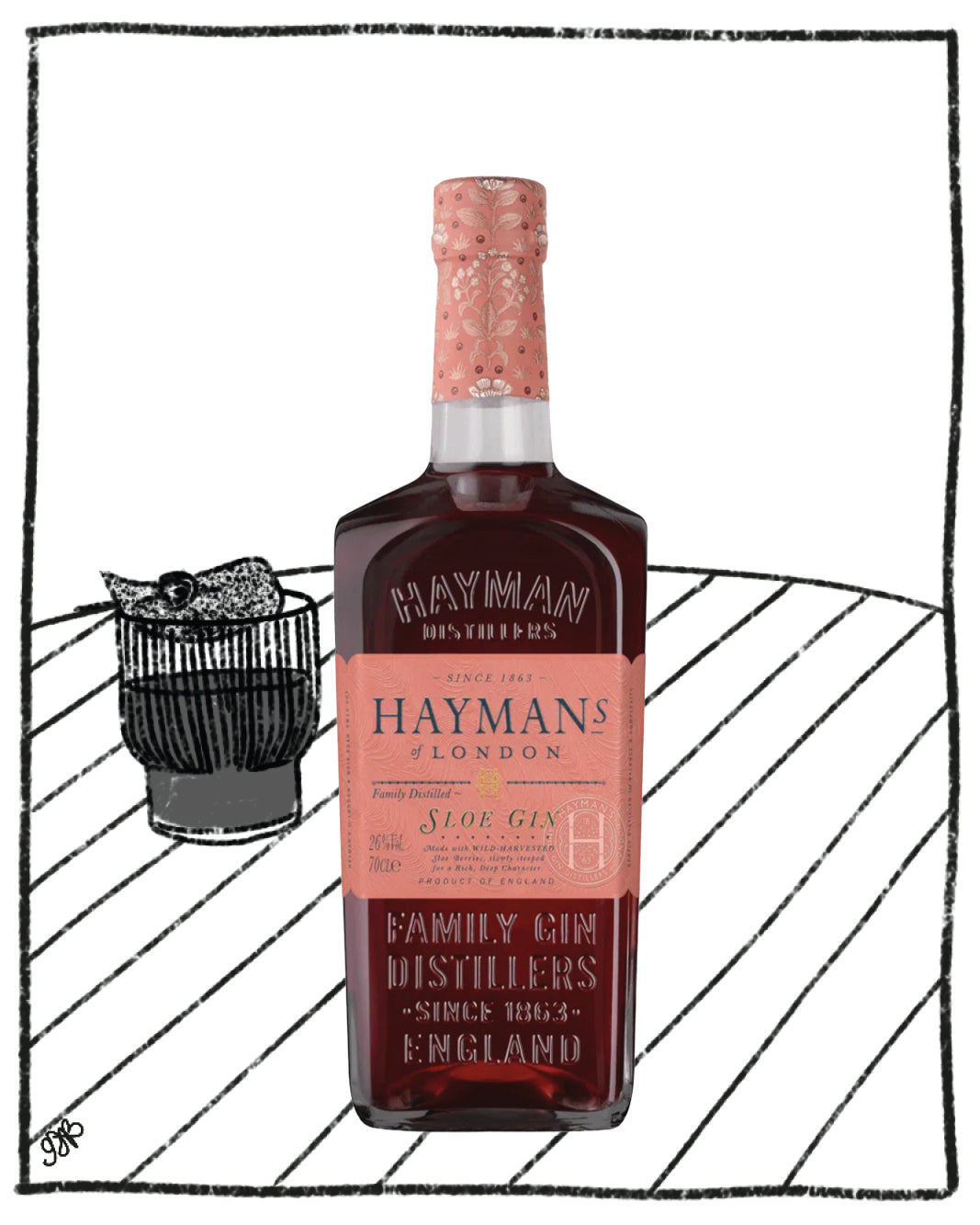 Hayman's gin bottle with pink label on a white background