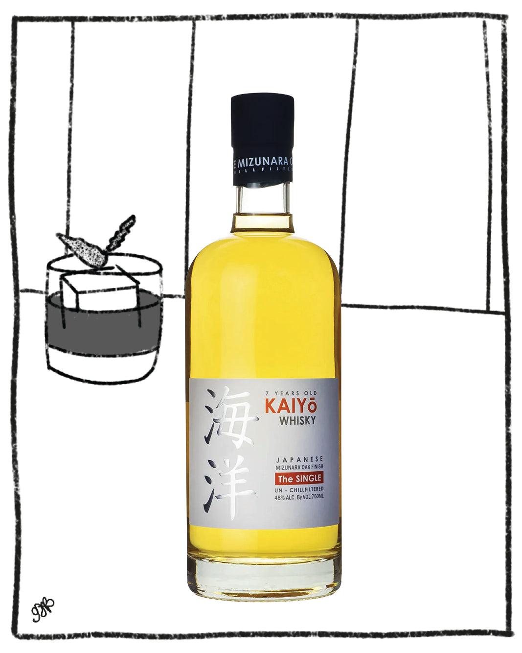 Bottle of Kaiyo Whisky with a glass and ice cube on a white background