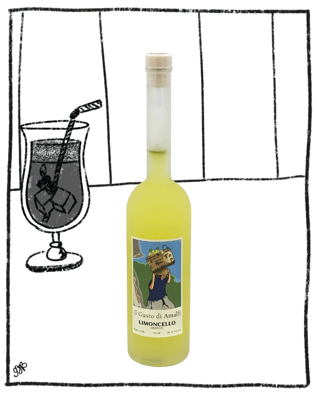 Green bottle of Limoncello with a label featuring a cartoon character, next to a black and white illustration of a glass with a straw.