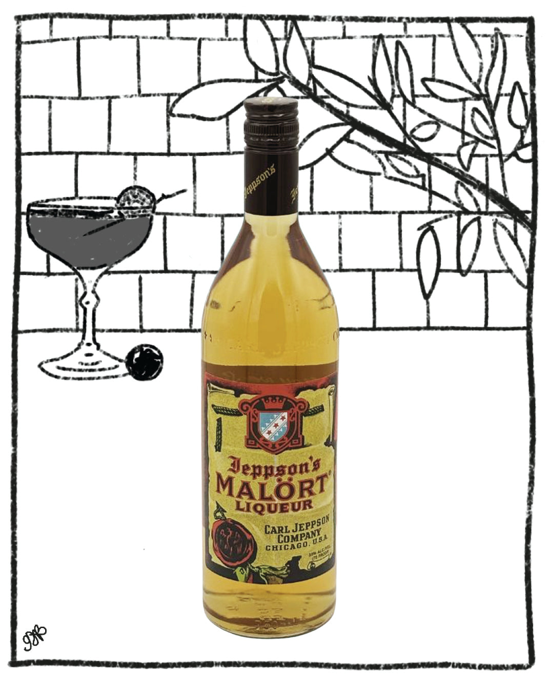 Bottle of Deppson's Malort Liqueur with a cocktail illustration on a tiled background