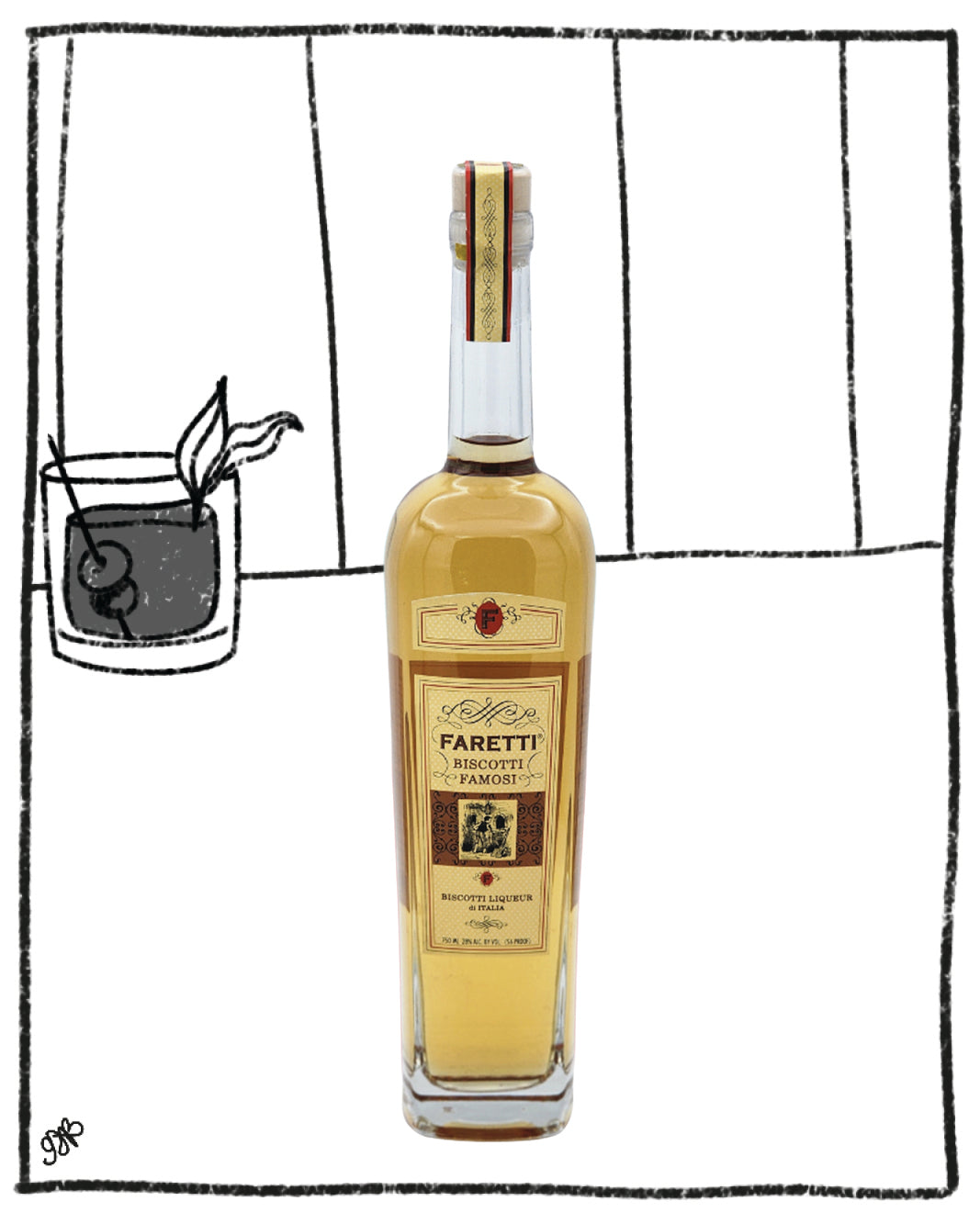 Bottle of Faretti Biscotto Liqueur with a glass of dark liquid on a white background