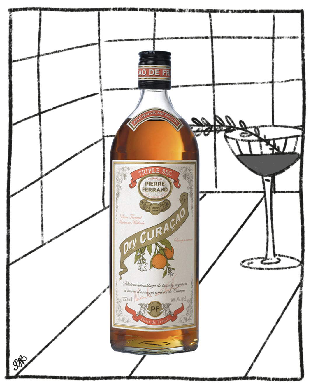 Bottle of Pierre Ferrand Curáo with a martini glass on a black and white grid background