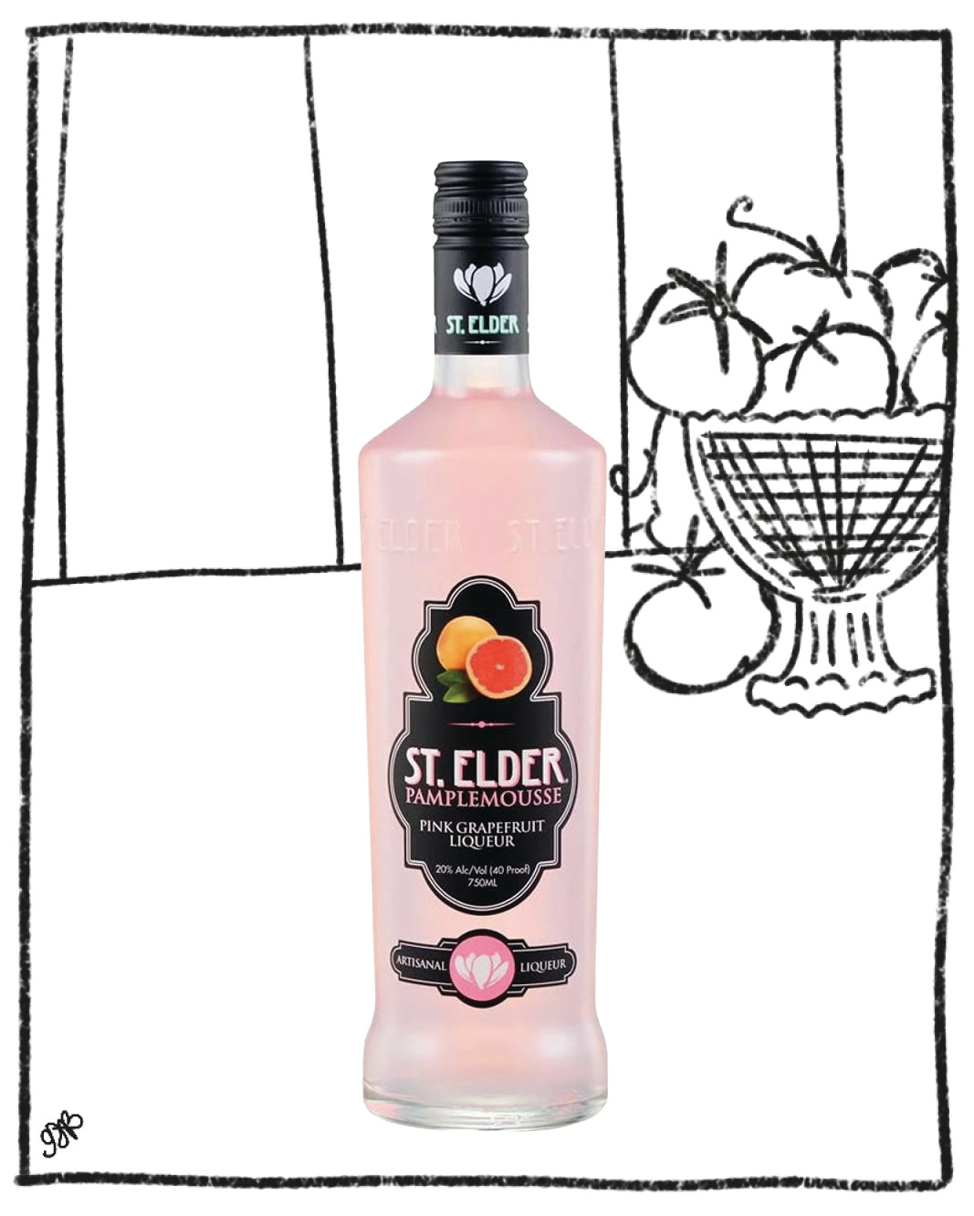 Pink bottle of St. Elder Pamplemousse with a black label on a white background