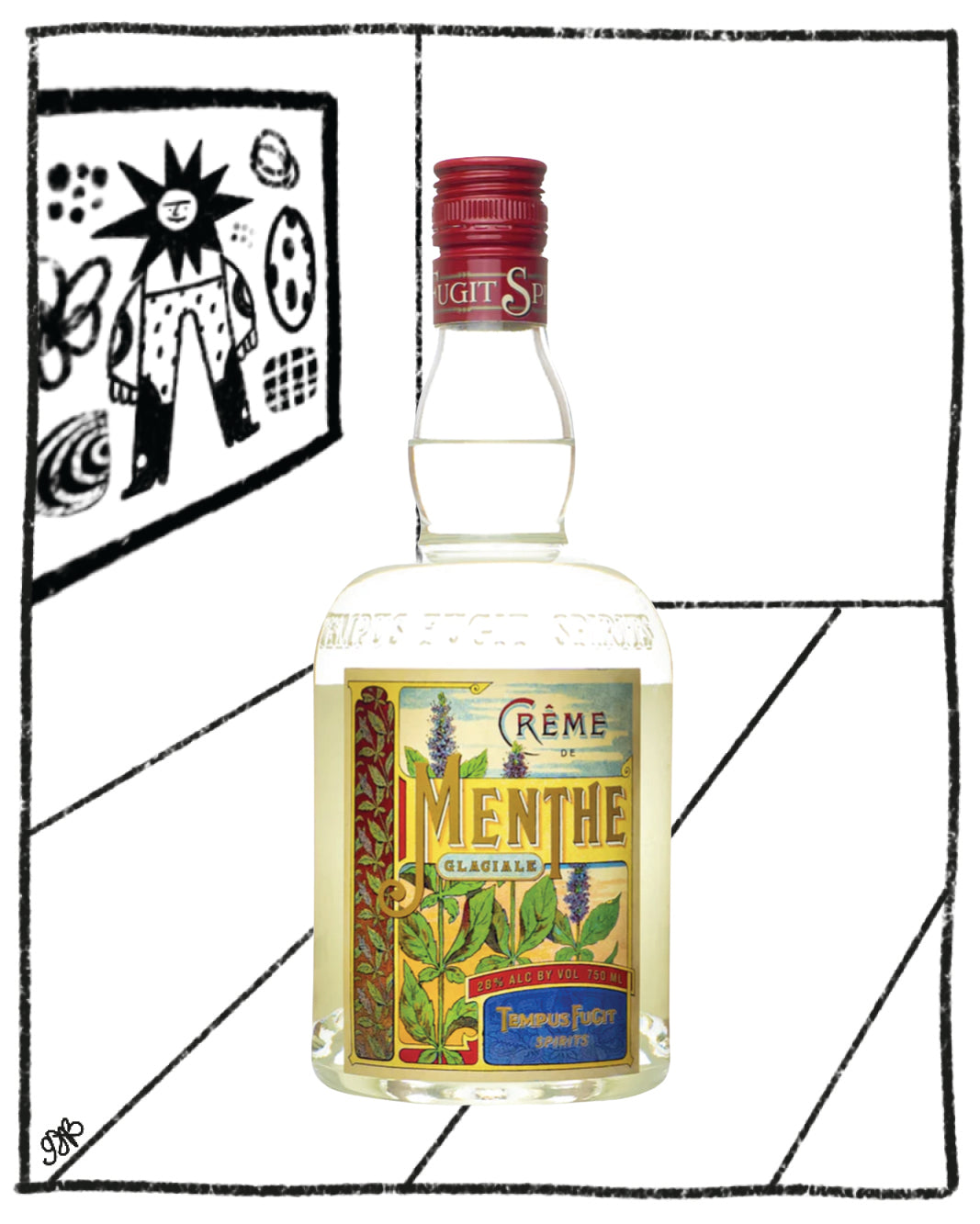 Bottle of Réme Menthe liqueur with a colorful label on a geometric black and white background.