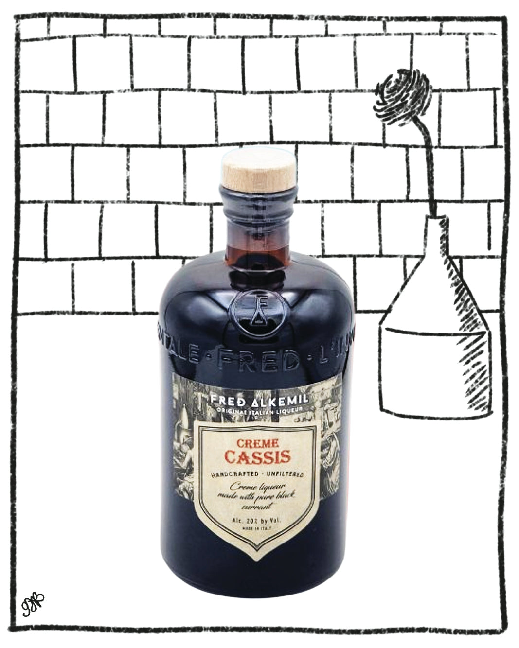 Blue bottle of Creme Cassis with a cork on a white background
