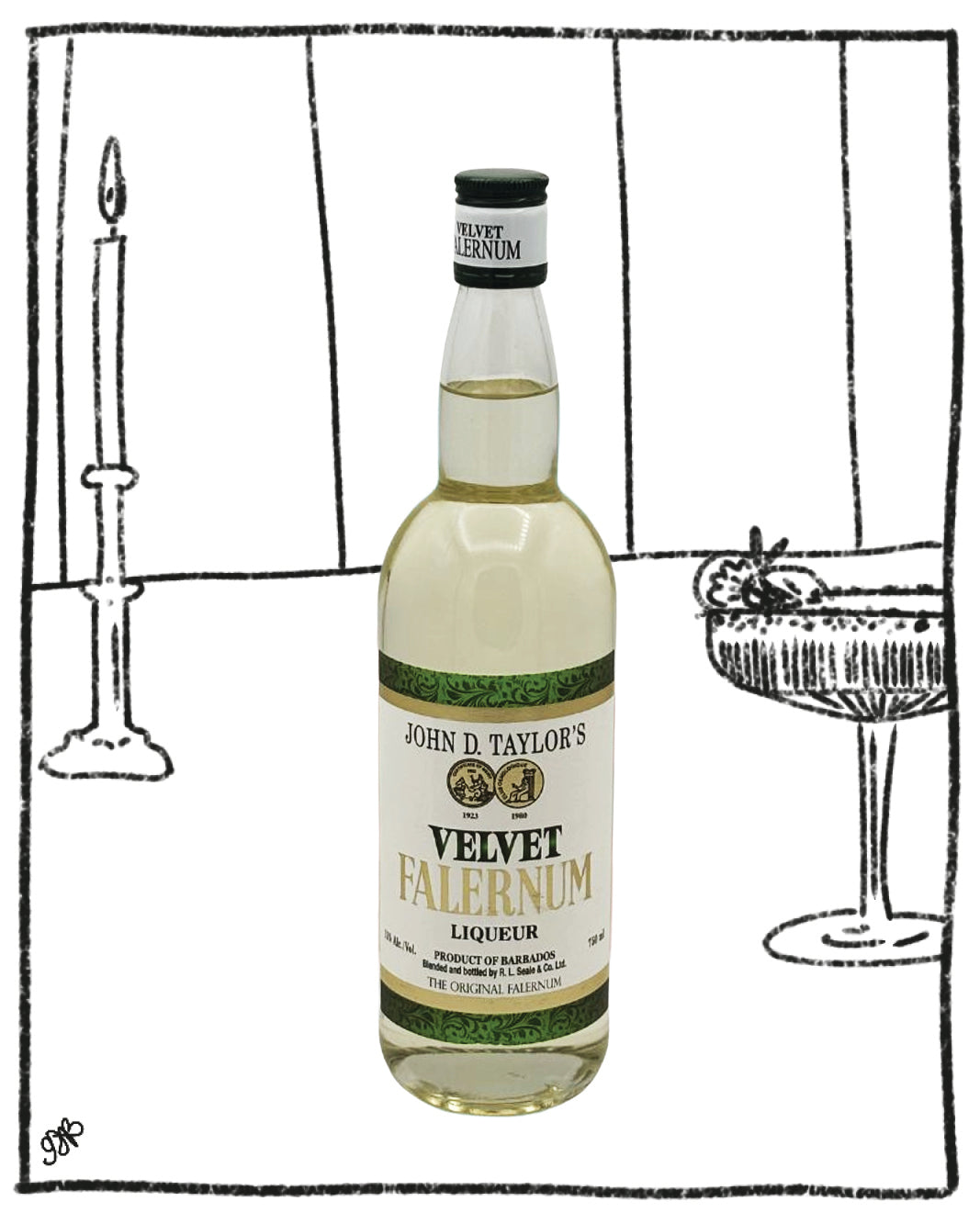 Bottle of John D. Taylor's Velvet Falernum liqueur with a black and white illustration of a bar setting.