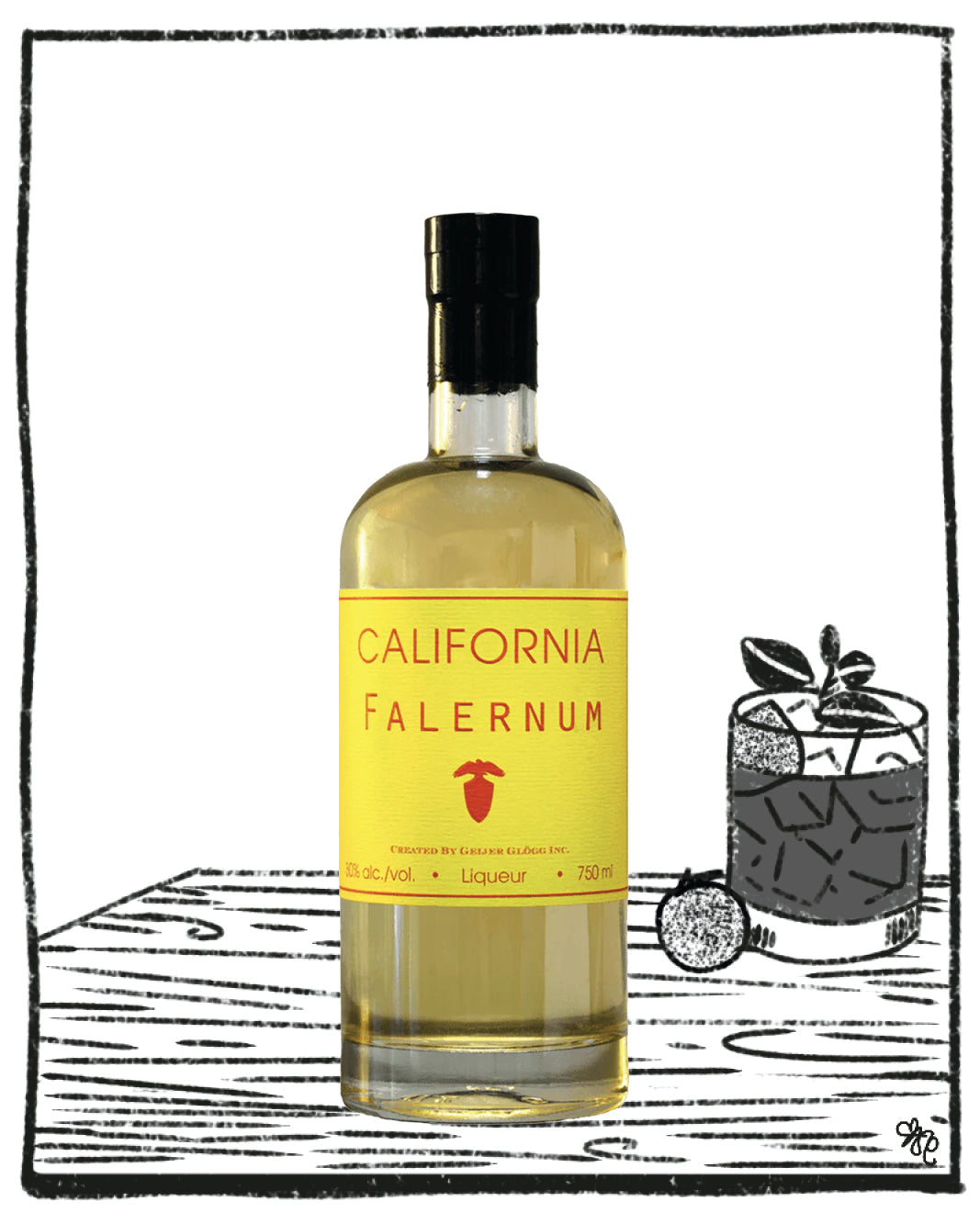 Bottle of California Falernum with a yellow label on a white background