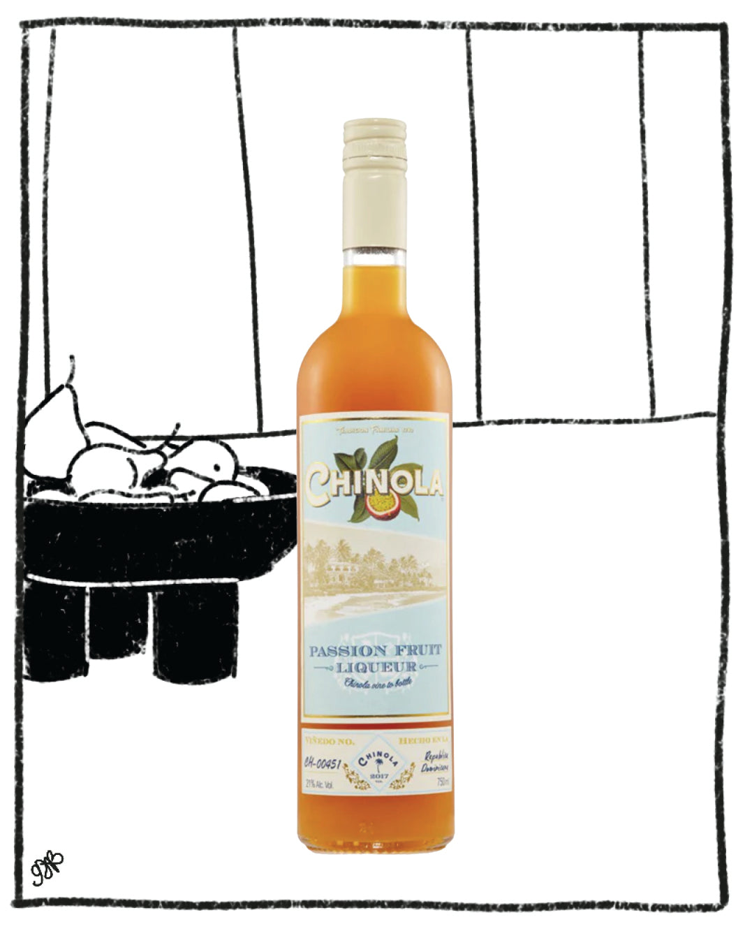Bottle of Chinola Passion Fruit Liqueur with a black and white illustration in the background