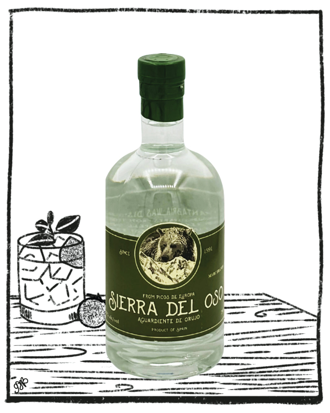 Bottle of Sierra Del Oso aquavite with a black and white illustration of a glass and ice cube in the background.