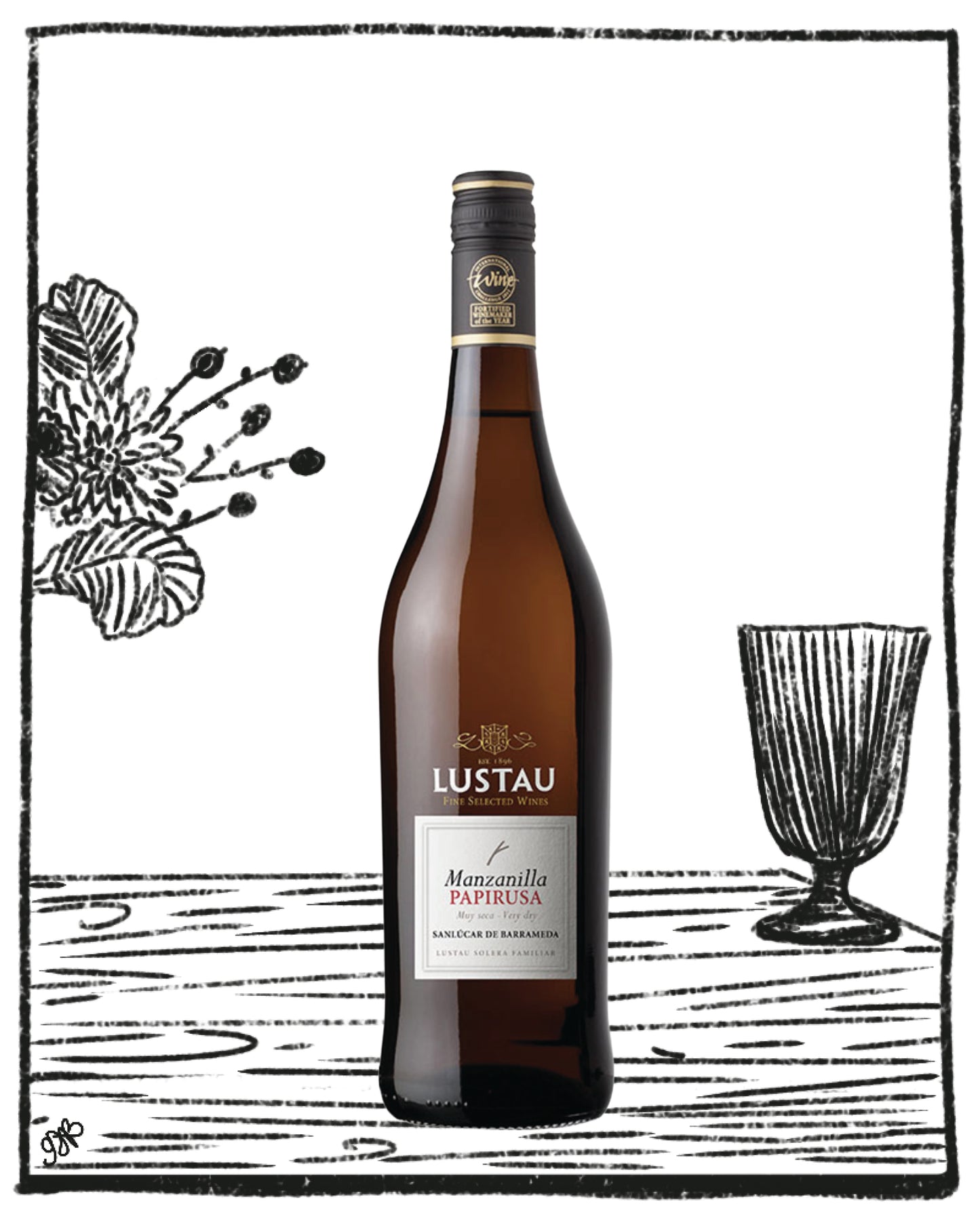 Bottle of Lustau Manzanilla Papirosa wine with a glass and floral illustration on a white background