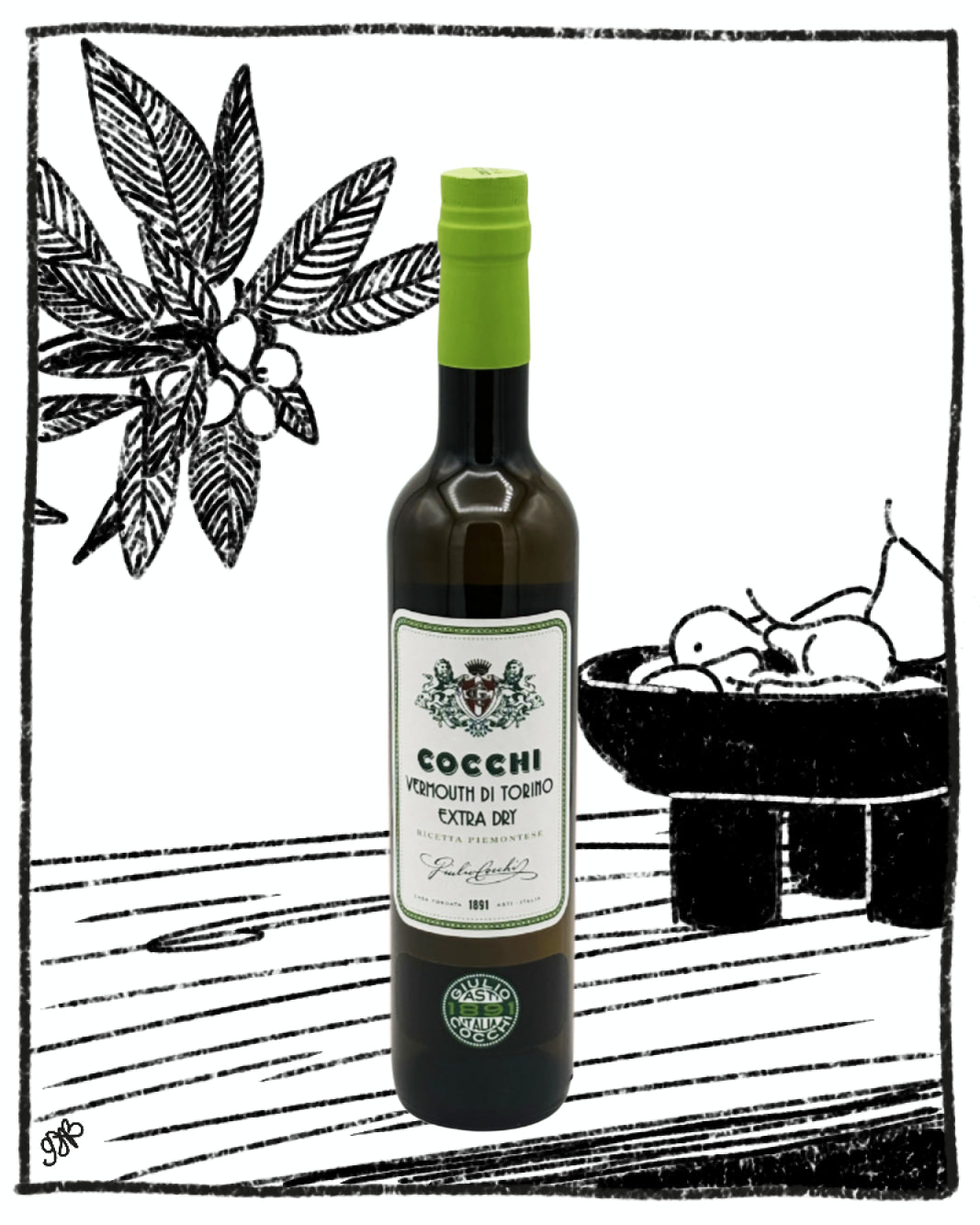 Bottle of Cocchi vinegar with a decorative background featuring an olive branch and bowl of fruits.