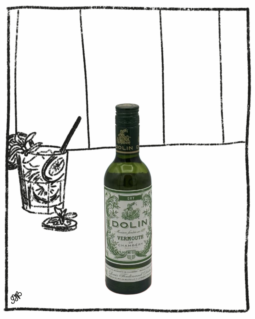 Bottle of Dolin Vermouth with a glass of cocktail on a white background