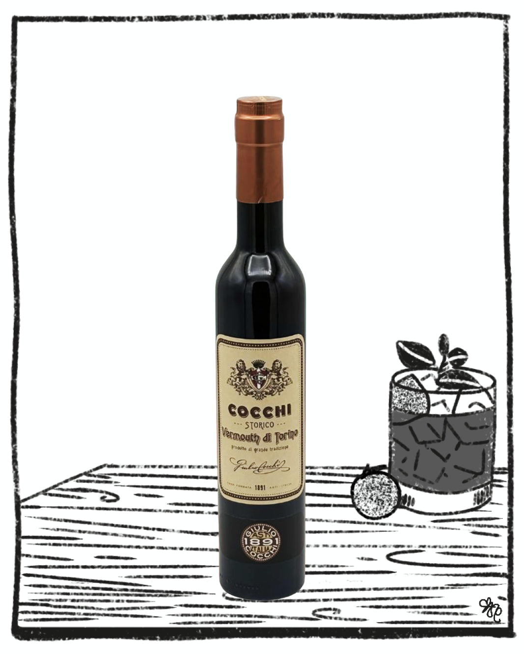 Bottle of Cocchi brand red wine on a white background with a small illustration of a cocktail.